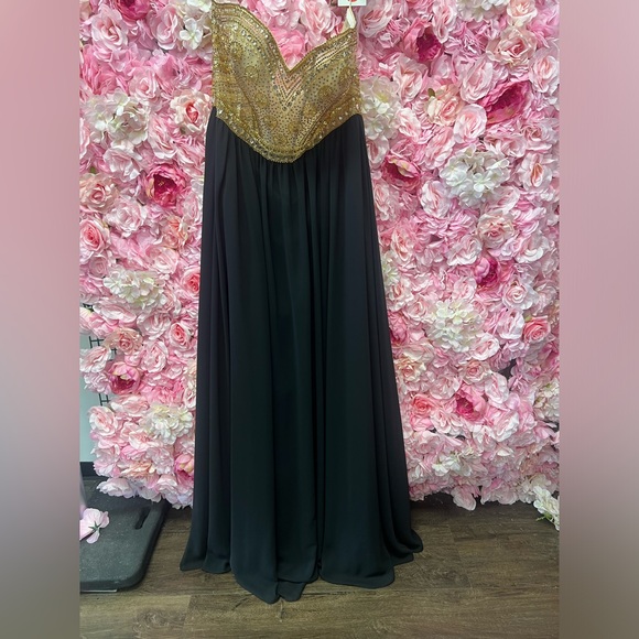 Alyce paris 1143 black/gold size 18 strapless a line chiffon dress with beading - Picture 2 of 9